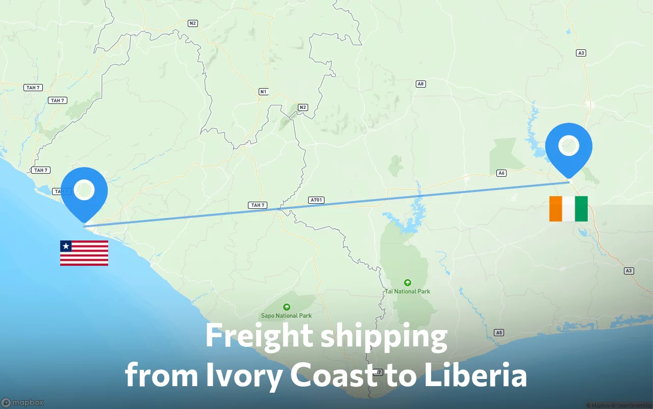 Shipping route from Ivory Coast to Liberia