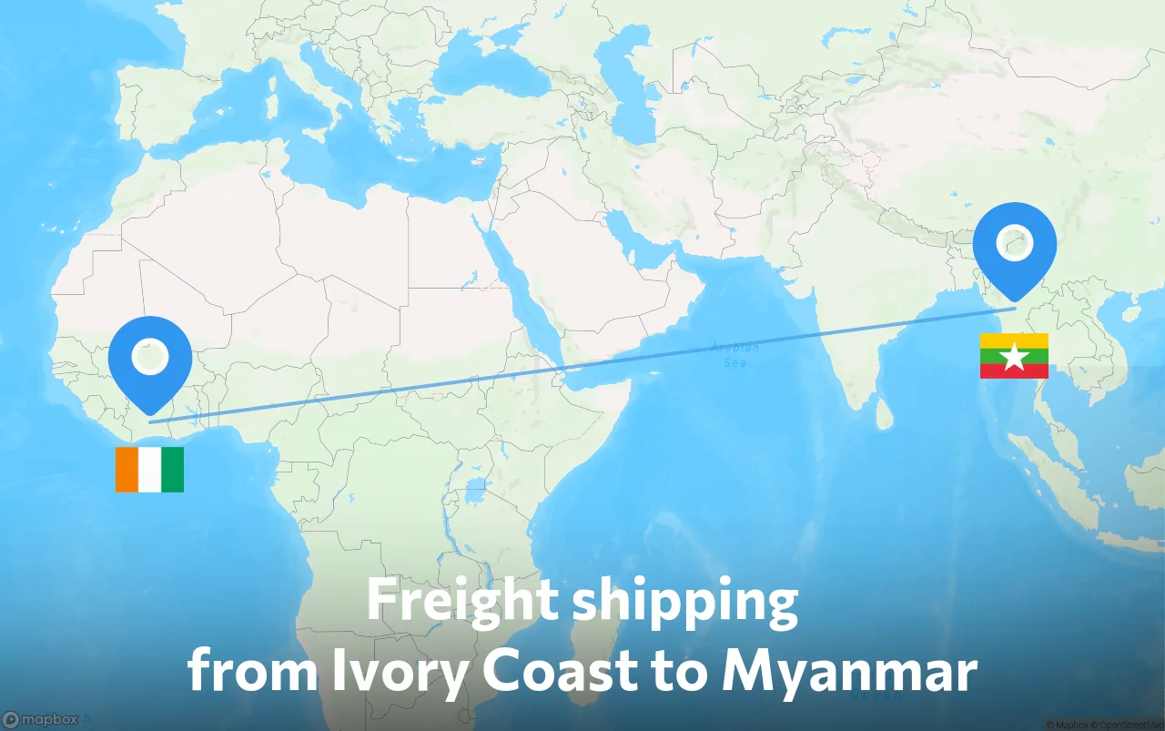 Shipping route from Ivory Coast to Myanmar