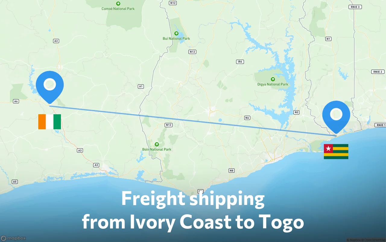 Shipping route from Ivory Coast to Togo