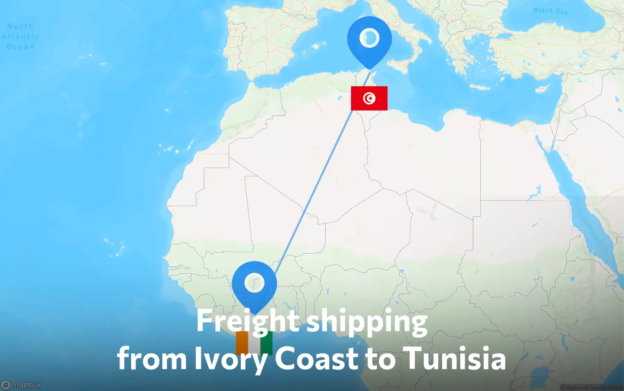 Shipping route from Ivory Coast to Tunisia