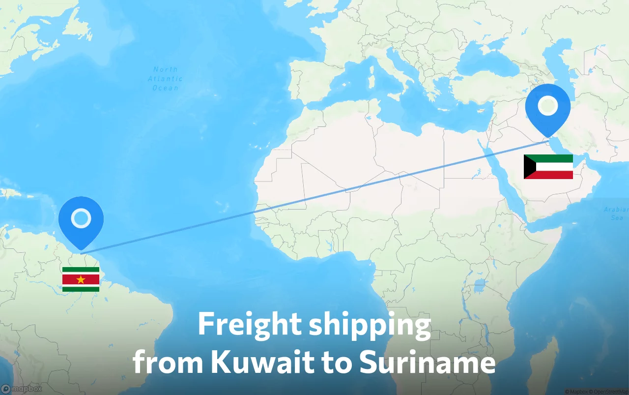 Shipping route from Kuwait to Suriname