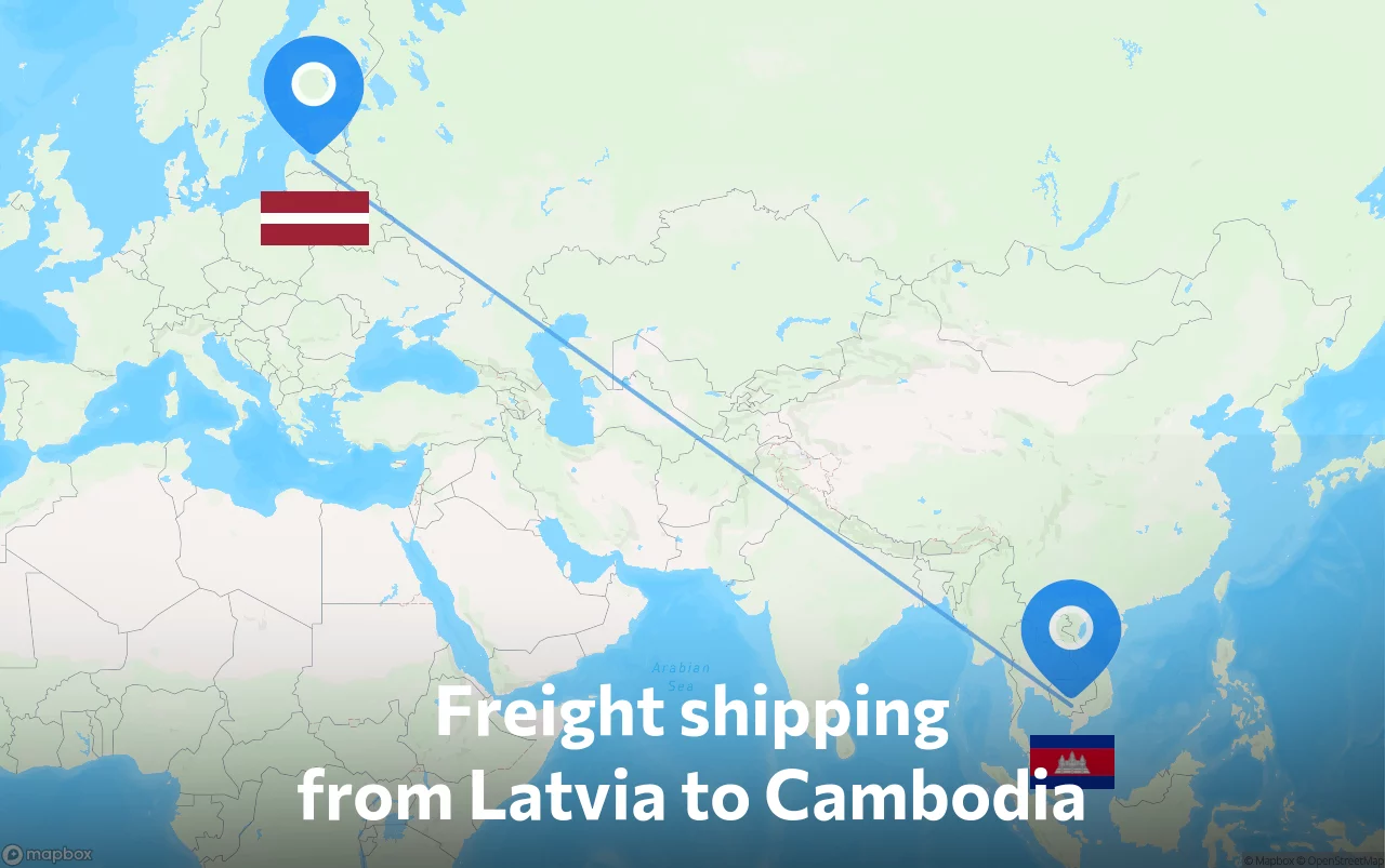 Shipping route from Latvia to Cambodia