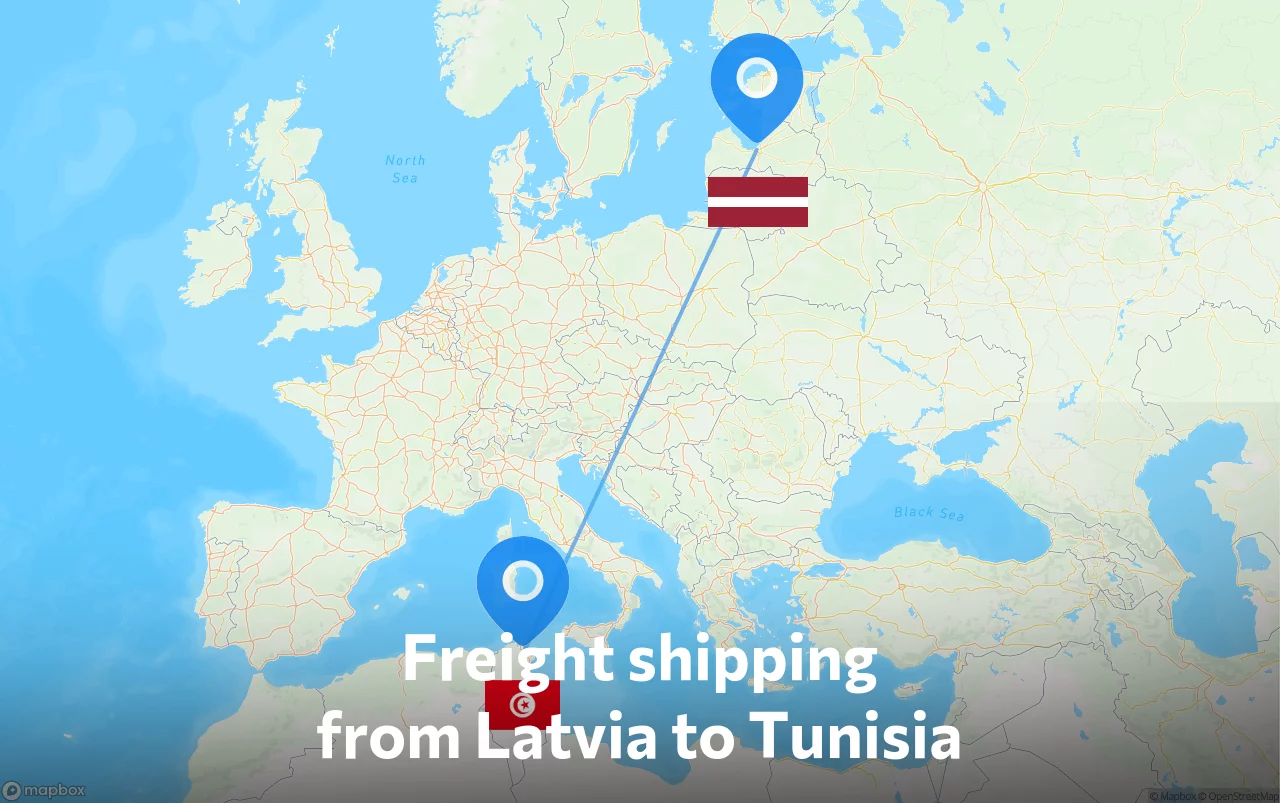 Shipping route from Latvia to Tunisia