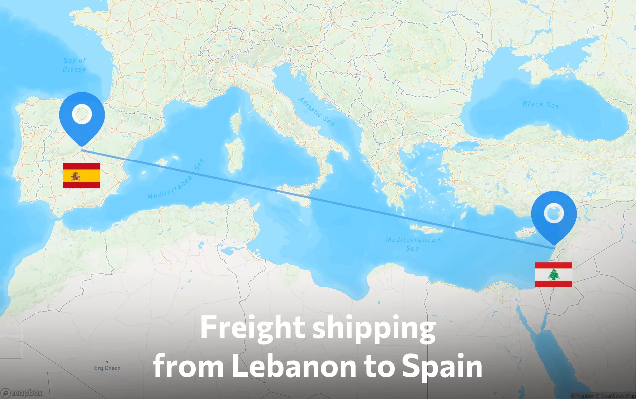 Shipping route from Lebanon to Spain