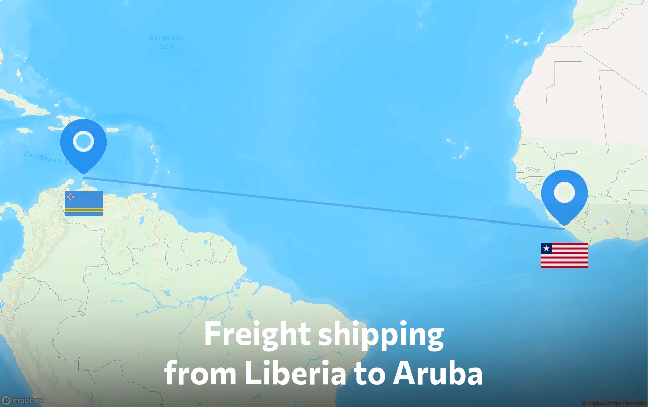 Shipping route from Liberia to Aruba