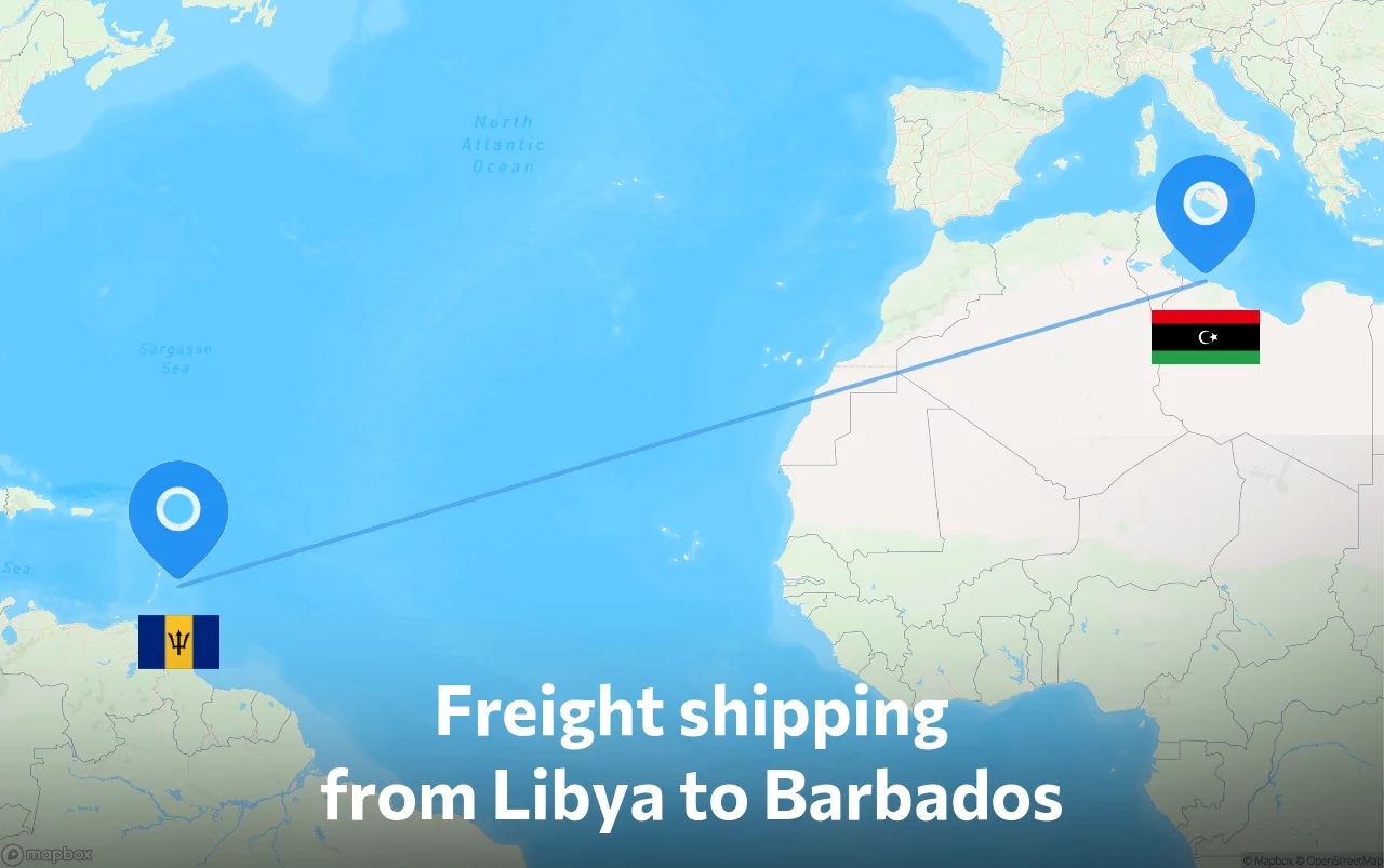 Shipping route from Libya to Barbados
