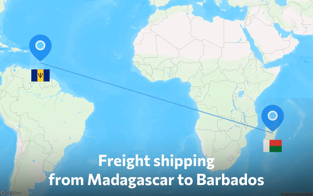 Shipping route from Madagascar to Barbados