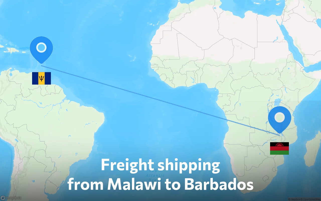 Shipping route from Malawi to Barbados