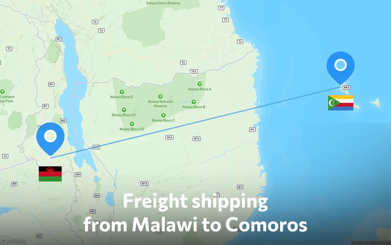 Shipping route from Malawi to Comoros