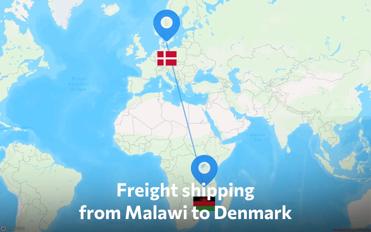 Shipping route from Malawi to Denmark