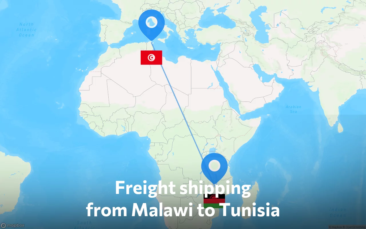 Shipping route from Malawi to Tunisia