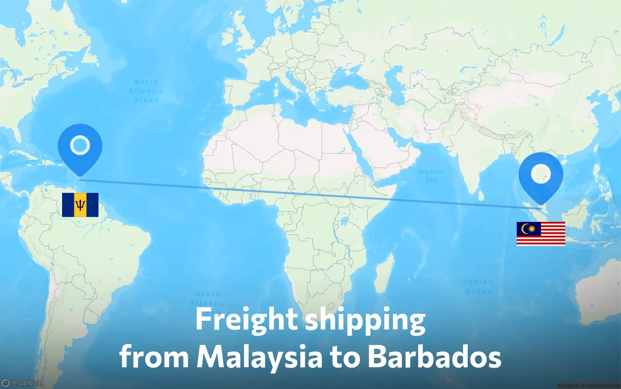 Shipping route from Malaysia to Barbados