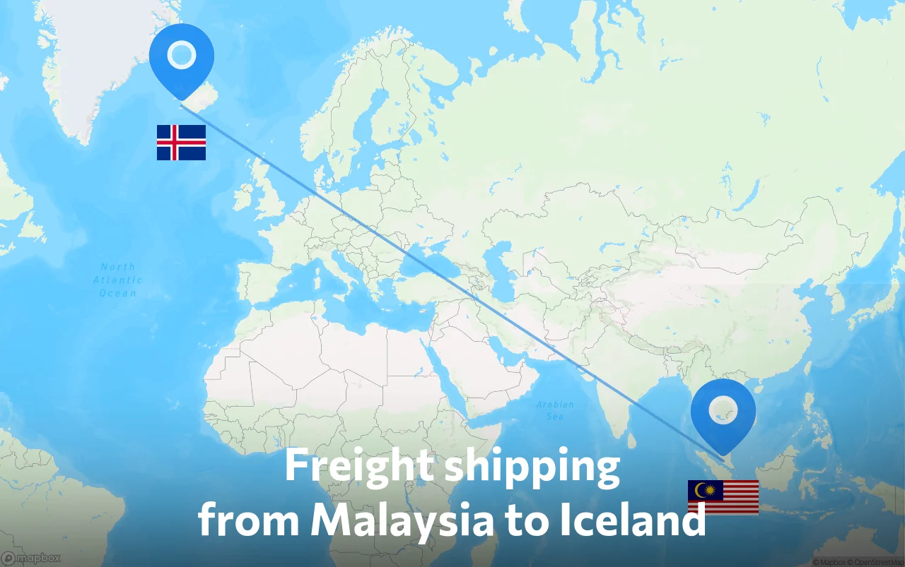 Shipping route from Malaysia to Iceland