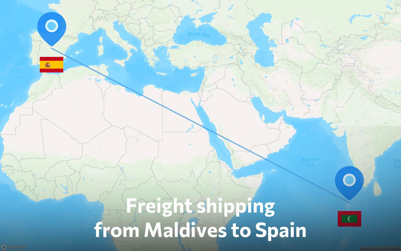 Shipping route from Maldives to Spain