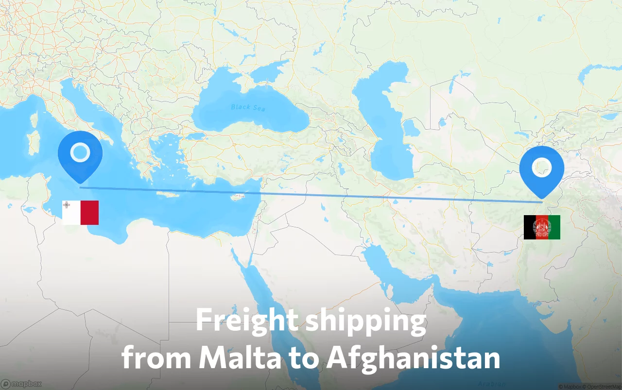 Shipping route from Malta to Afghanistan