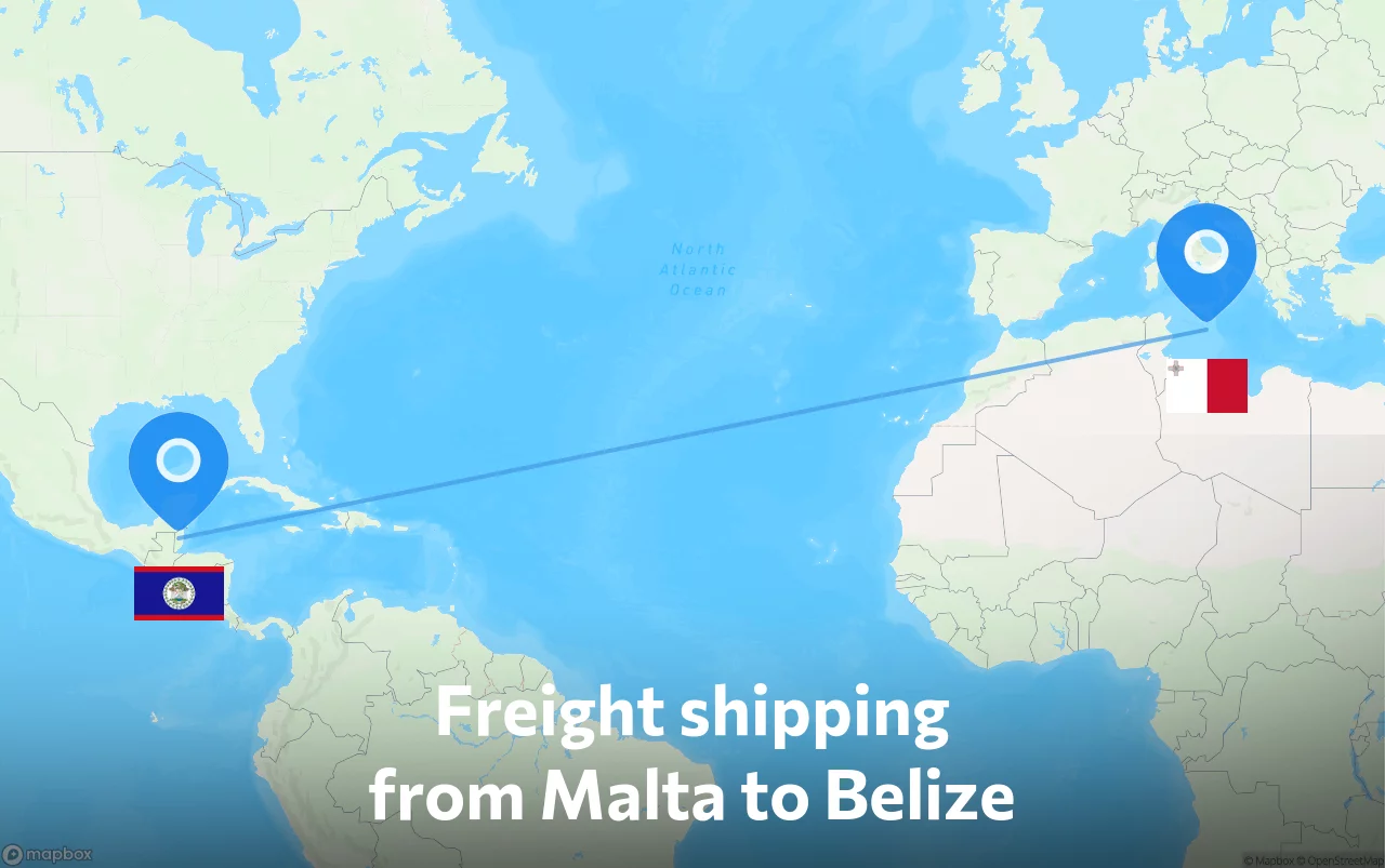 Shipping route from Malta to Belize