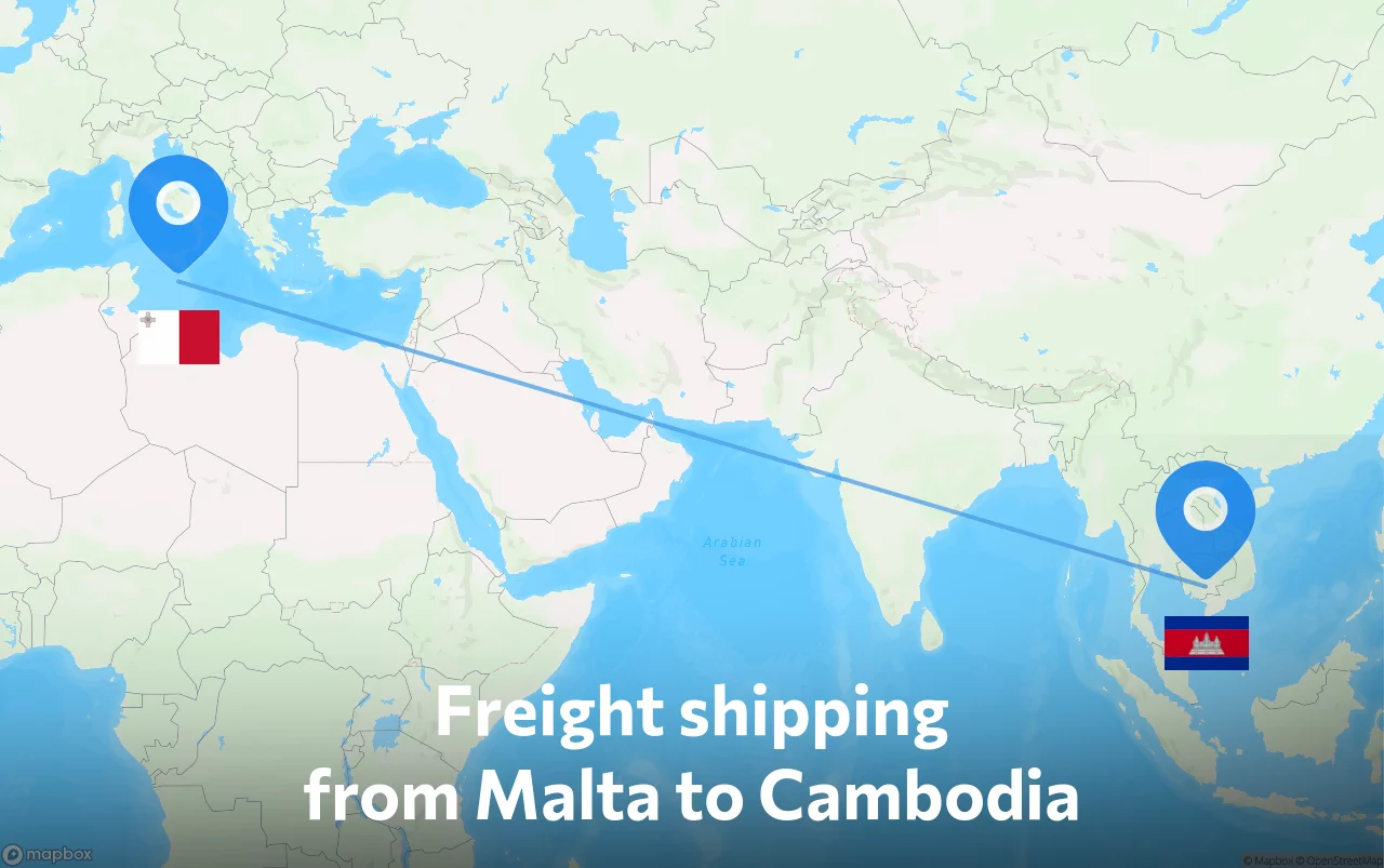 Shipping route from Malta to Cambodia