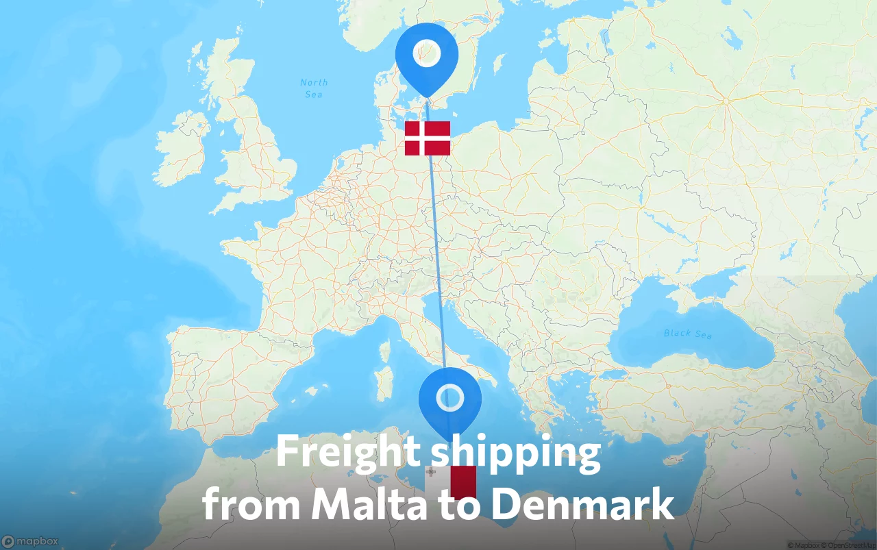Shipping route from Malta to Denmark