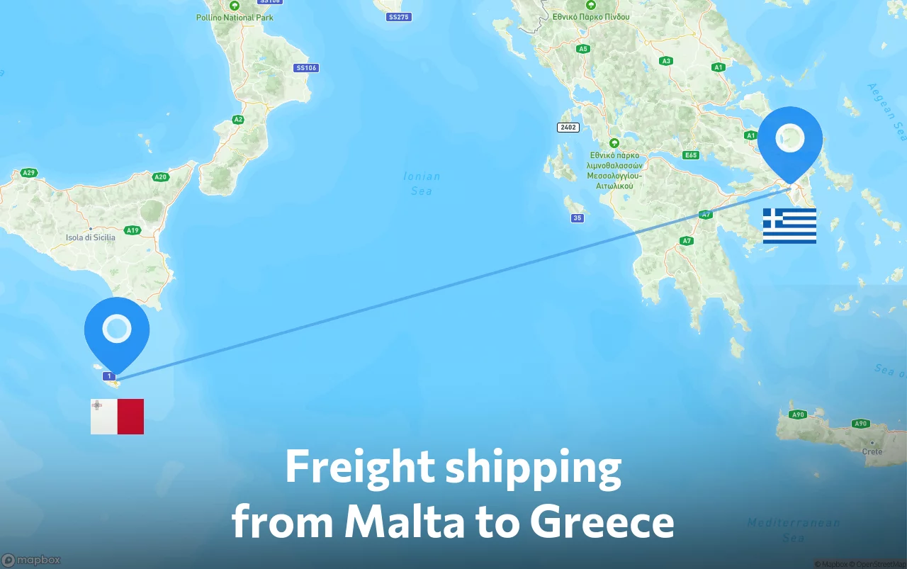 Shipping route from Malta to Greece