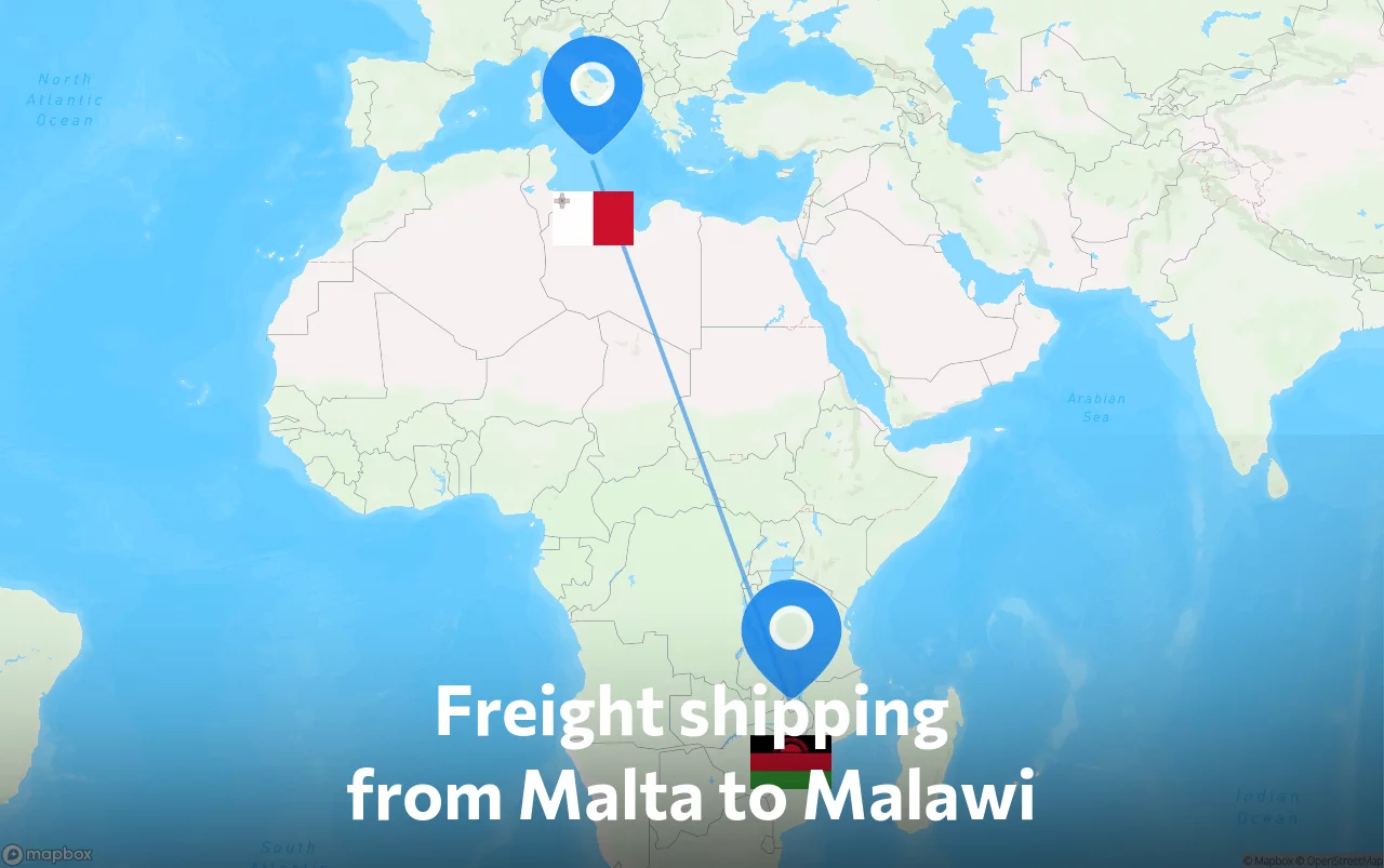 Shipping route from Malta to Malawi