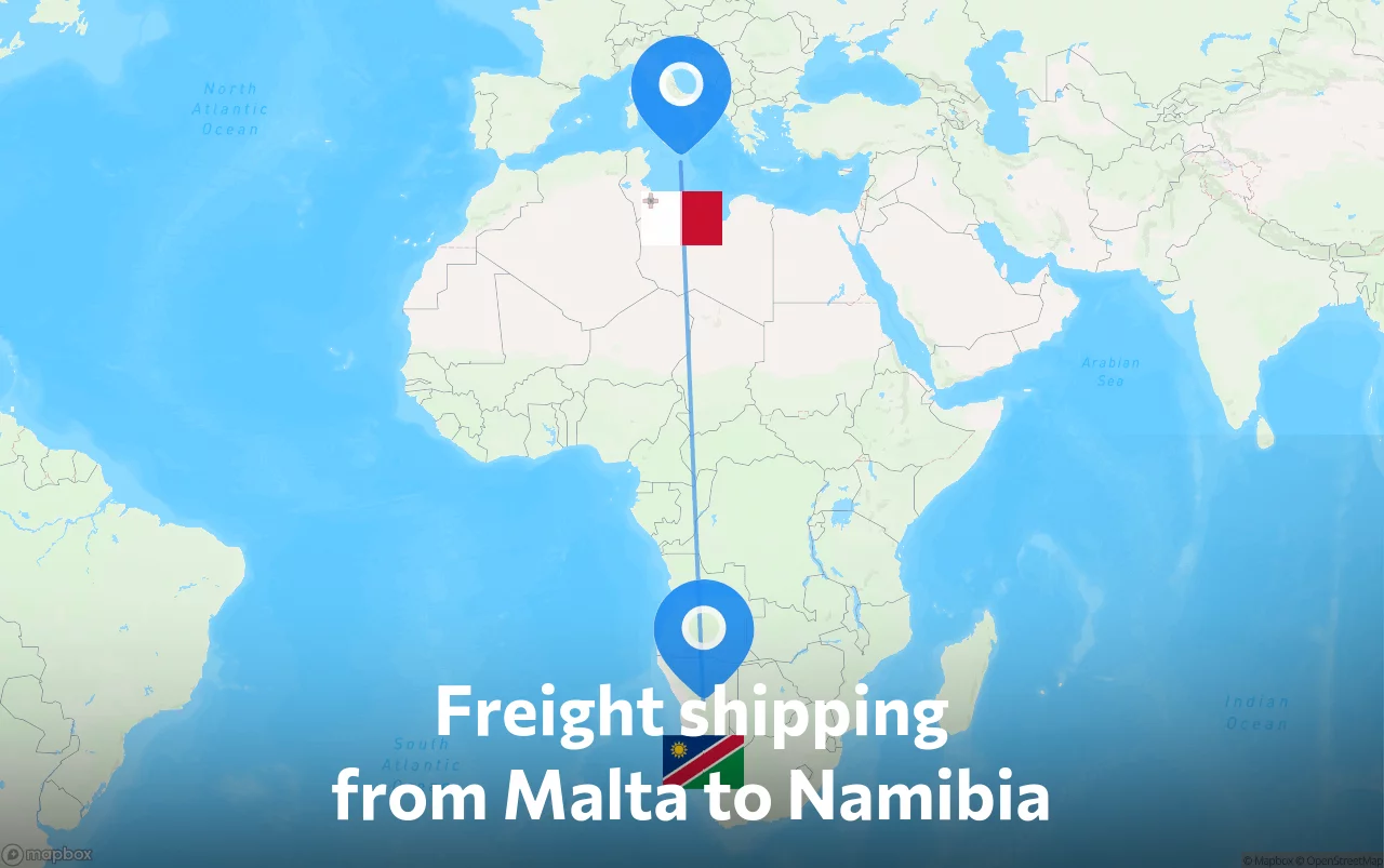 Shipping route from Malta to Namibia