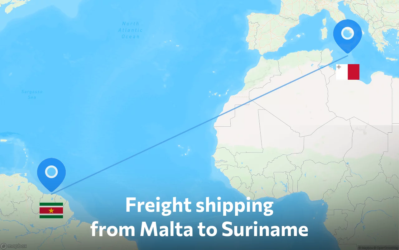 Shipping route from Malta to Suriname