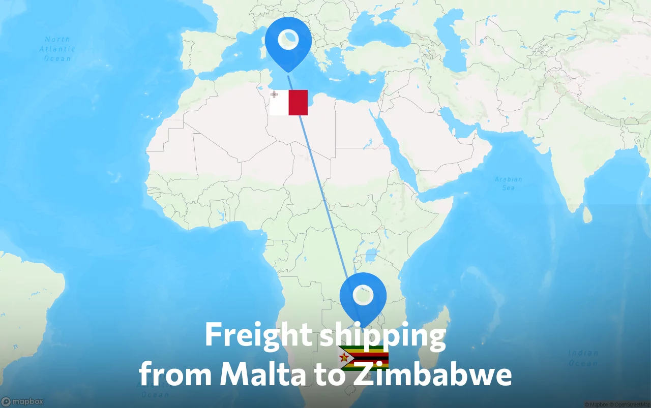 Shipping route from Malta to Zimbabwe