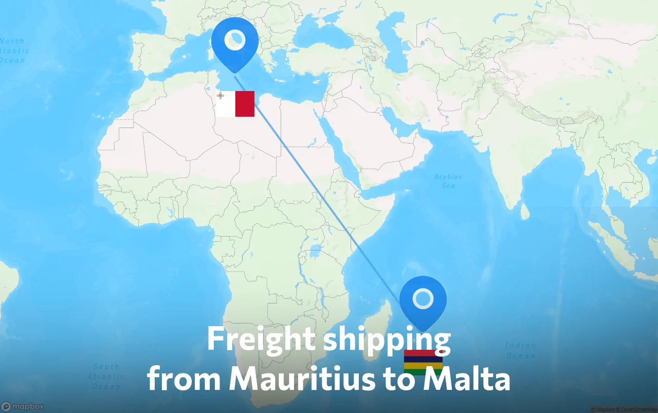 Shipping route from Mauritius to Malta