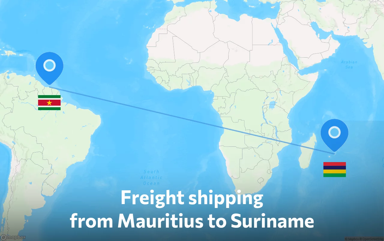 Shipping route from Mauritius to Suriname