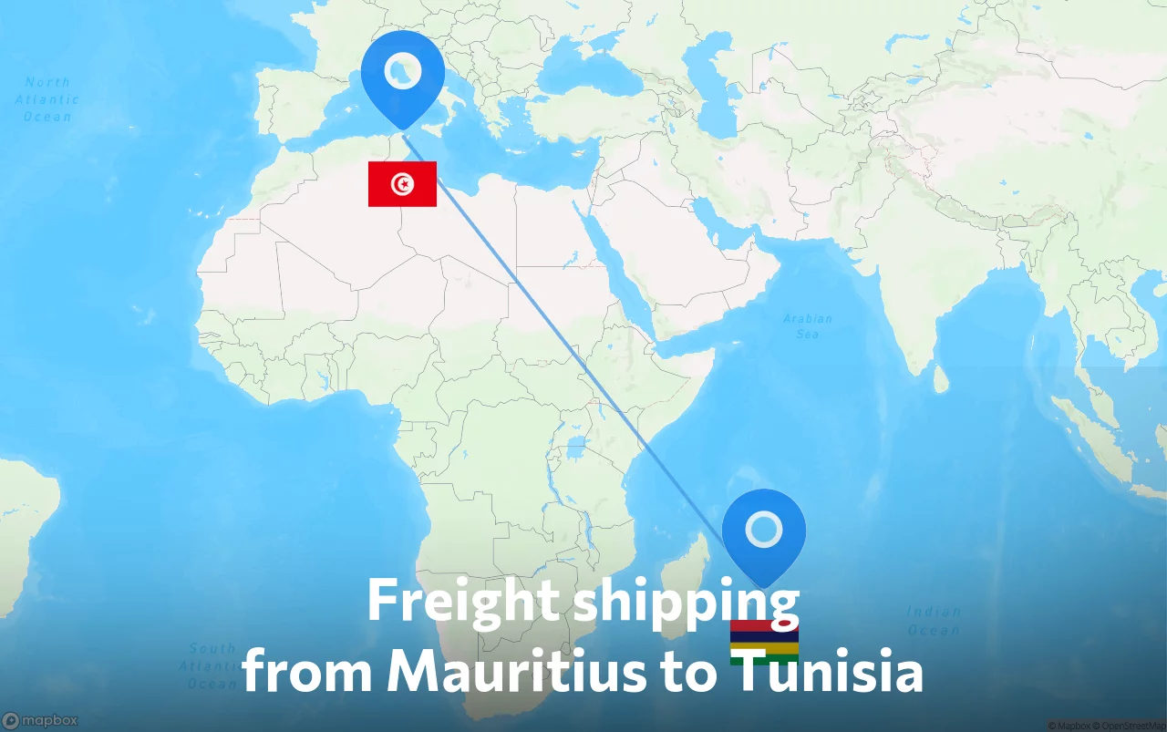 Shipping route from Mauritius to Tunisia