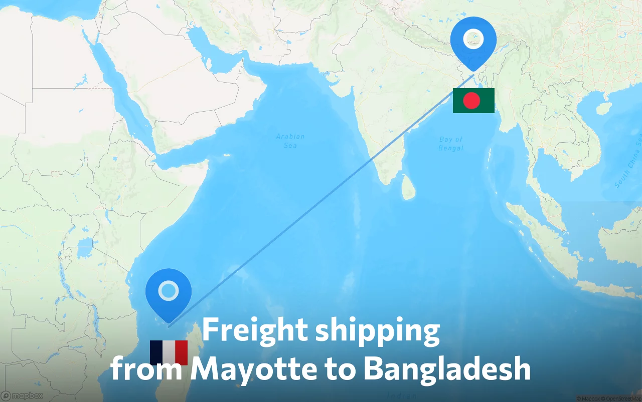 Shipping route from Mayotte to Bangladesh