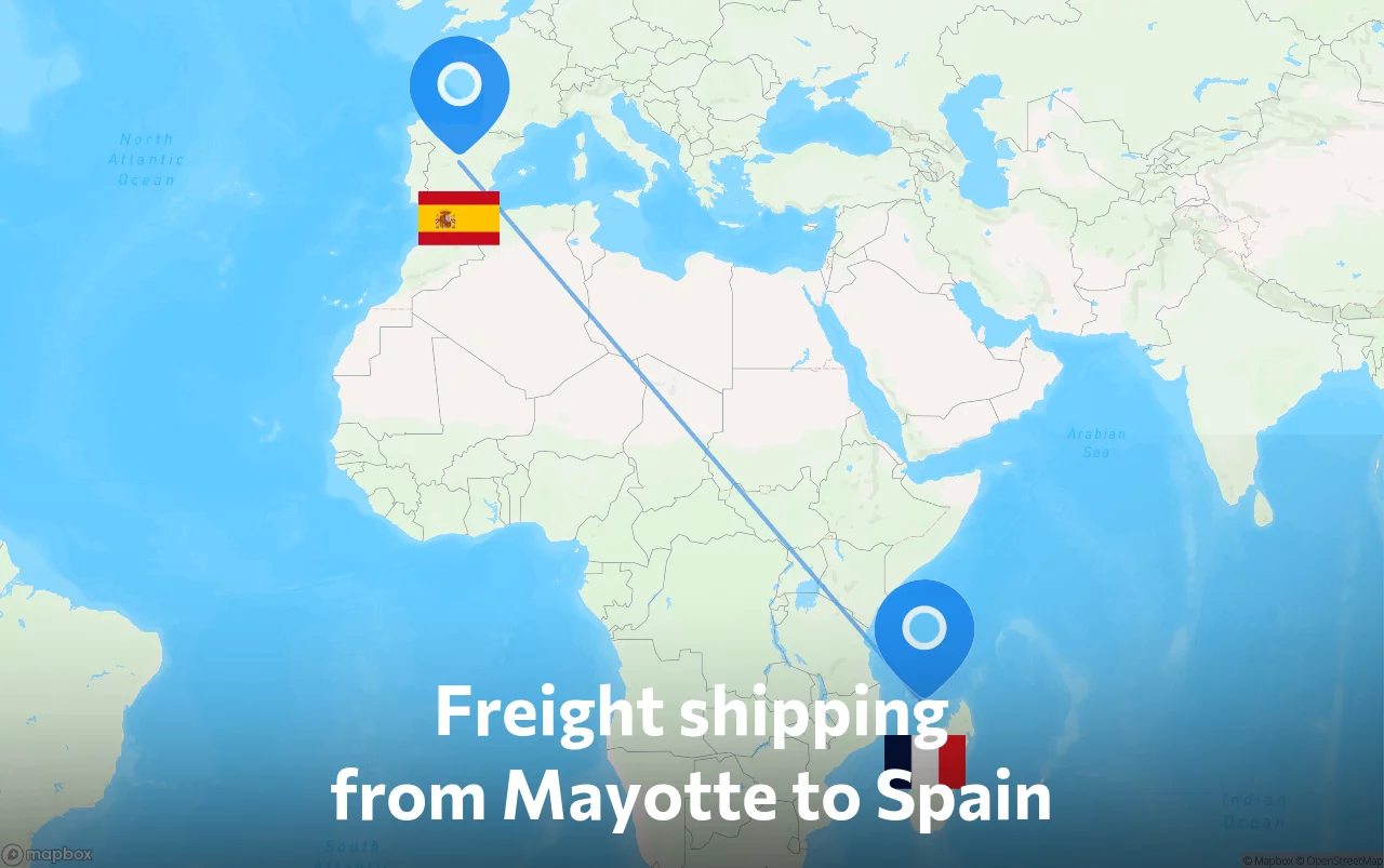 Shipping route from Mayotte to Spain