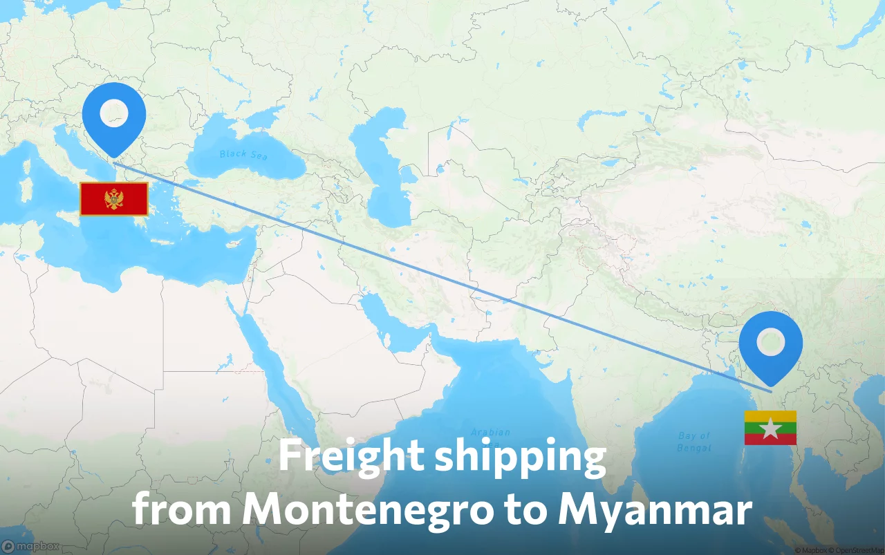 Shipping route from Montenegro to Myanmar