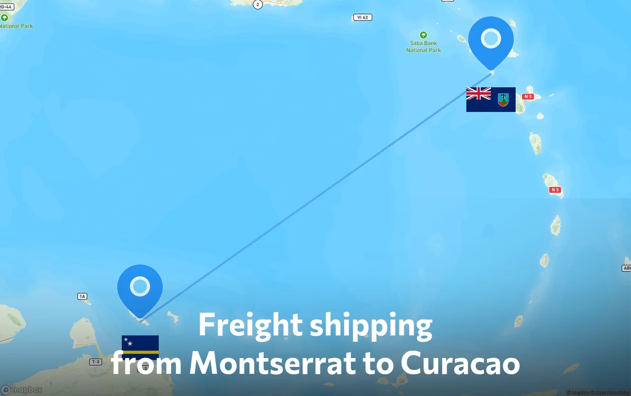 Shipping route from Montserrat to Curacao