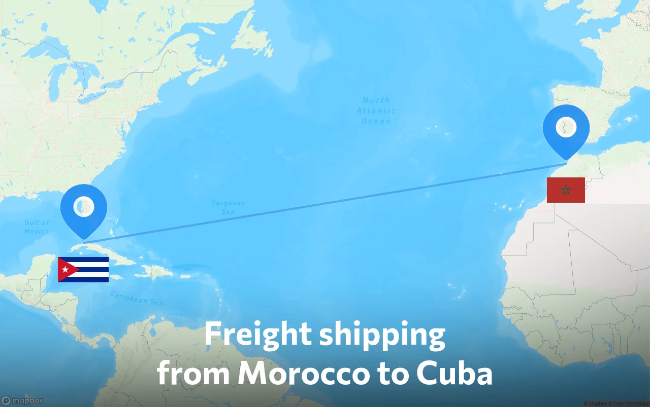 Shipping route from Morocco to Cuba