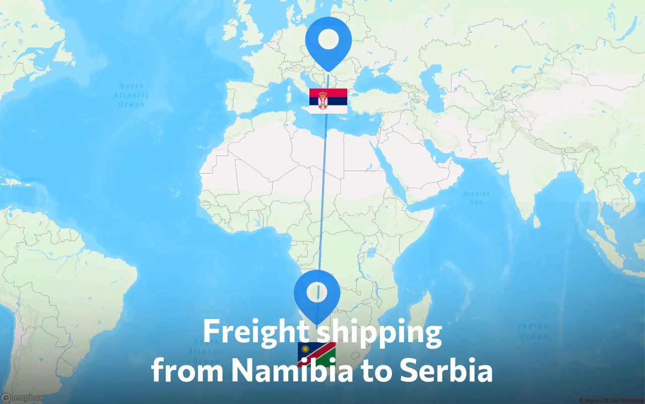 Shipping route from Namibia to Serbia