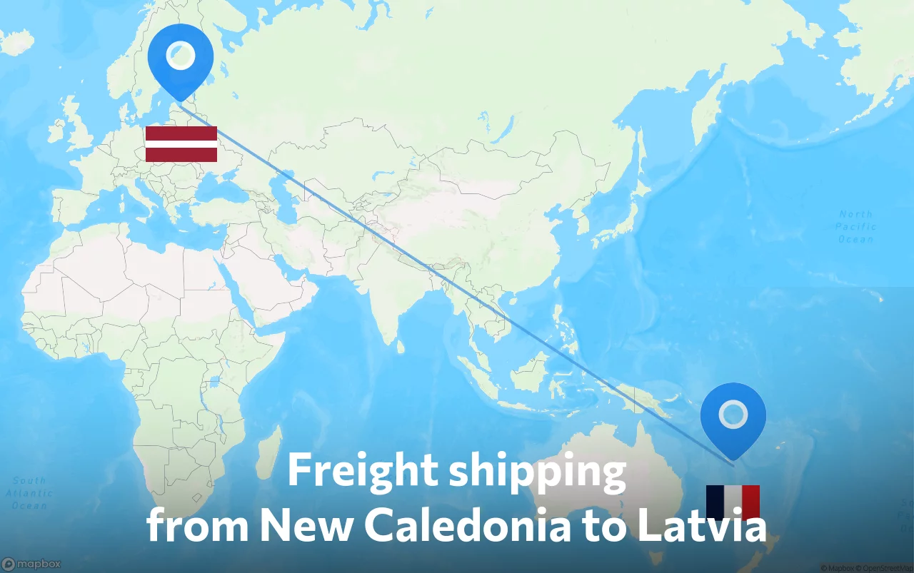 Shipping route from New Caledonia to Latvia