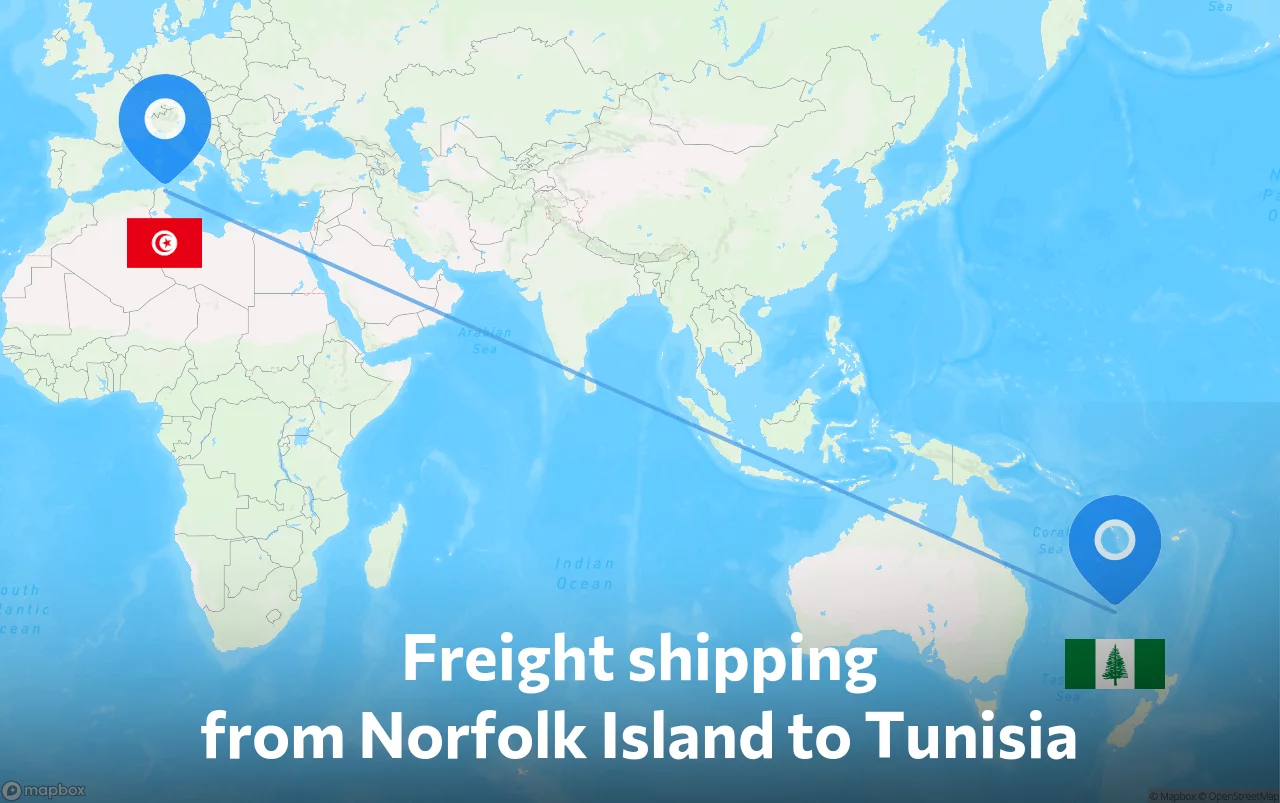 Shipping route from Norfolk Island to Tunisia