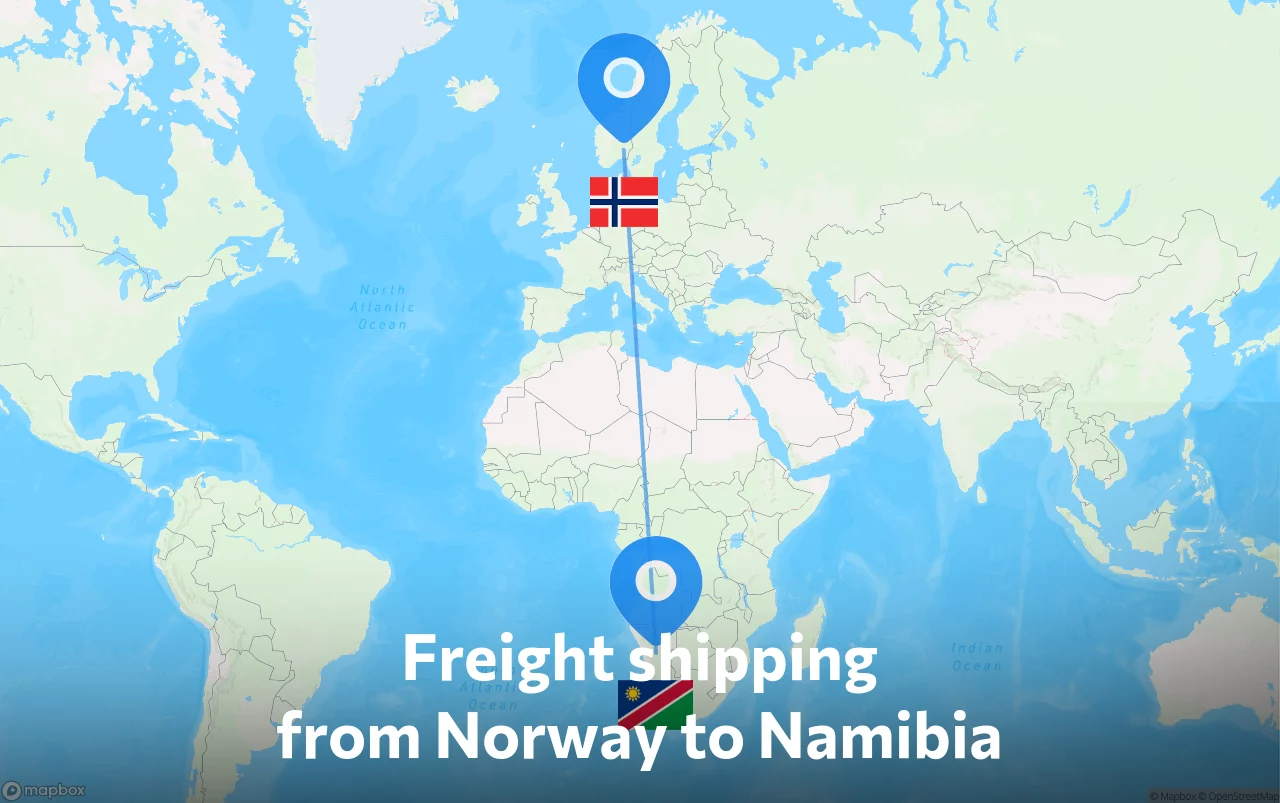 Shipping route from Norway to Namibia