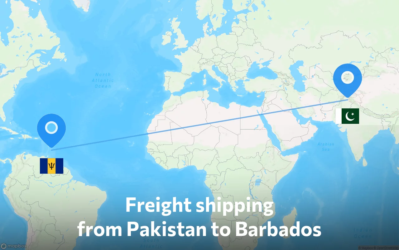 Shipping route from Pakistan to Barbados
