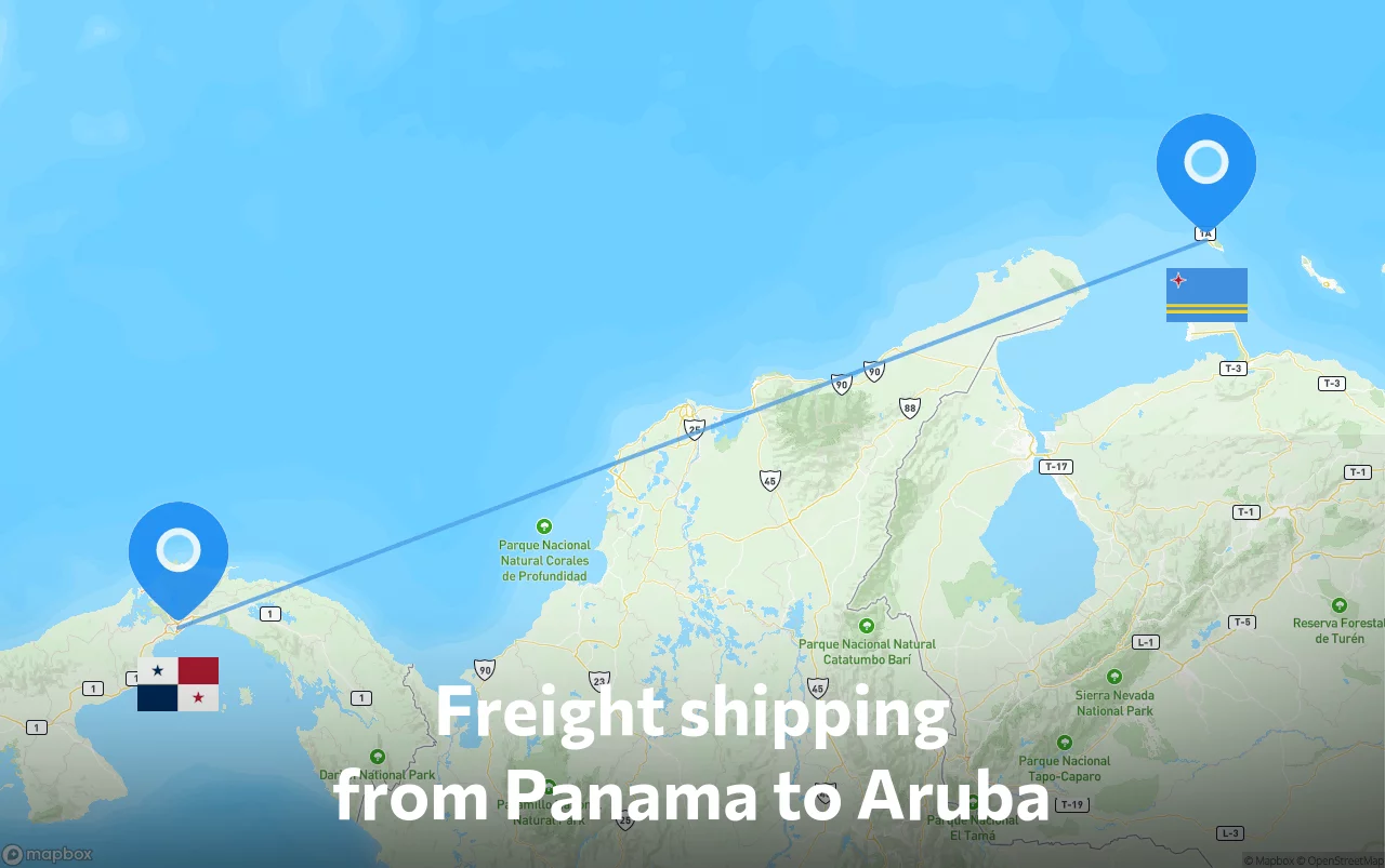 Shipping route from Panama to Aruba