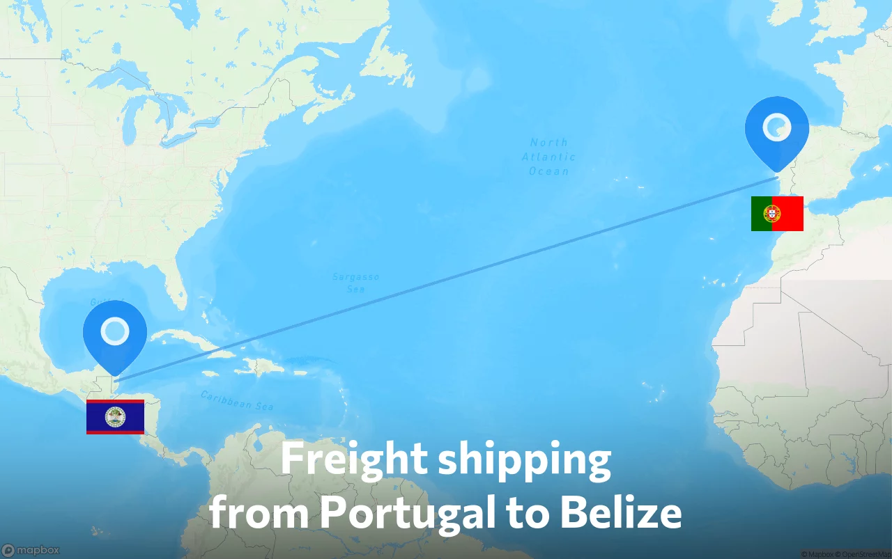Shipping route from Portugal to Belize