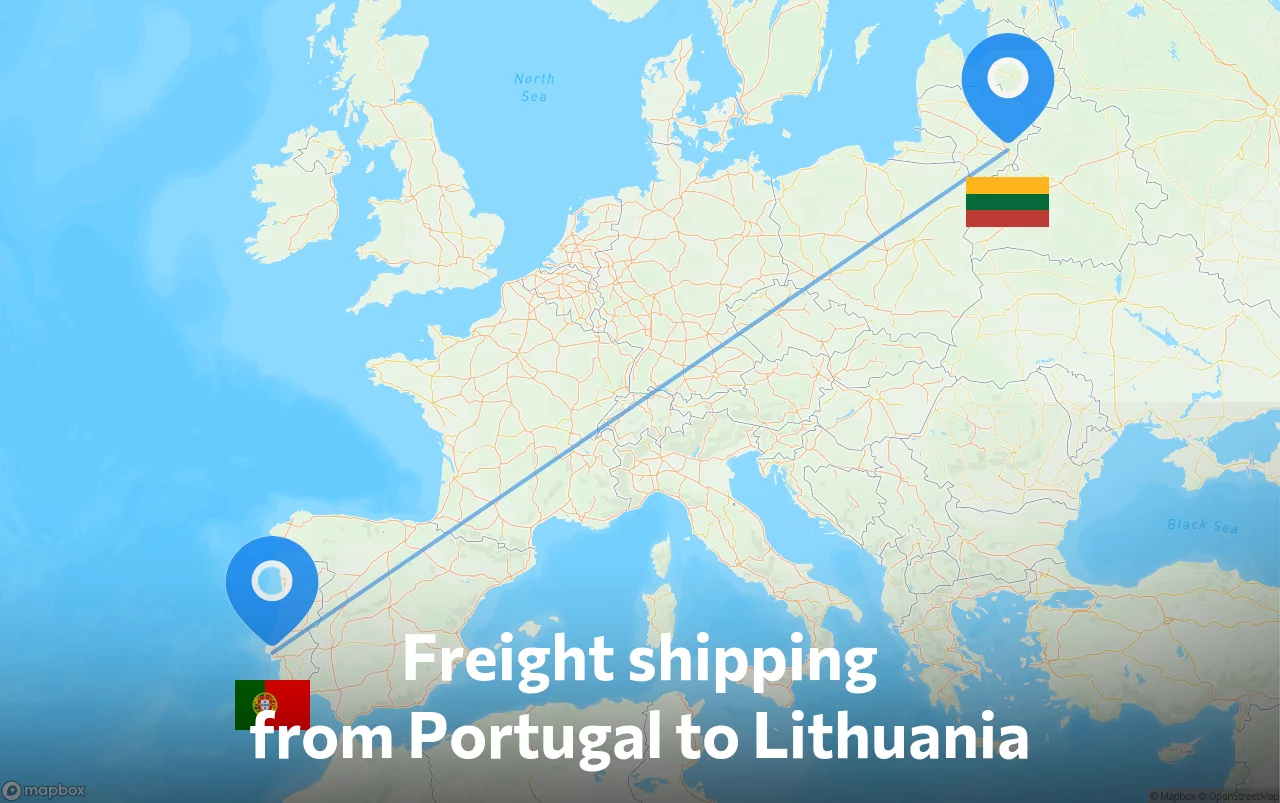 Shipping route from Portugal to Lithuania