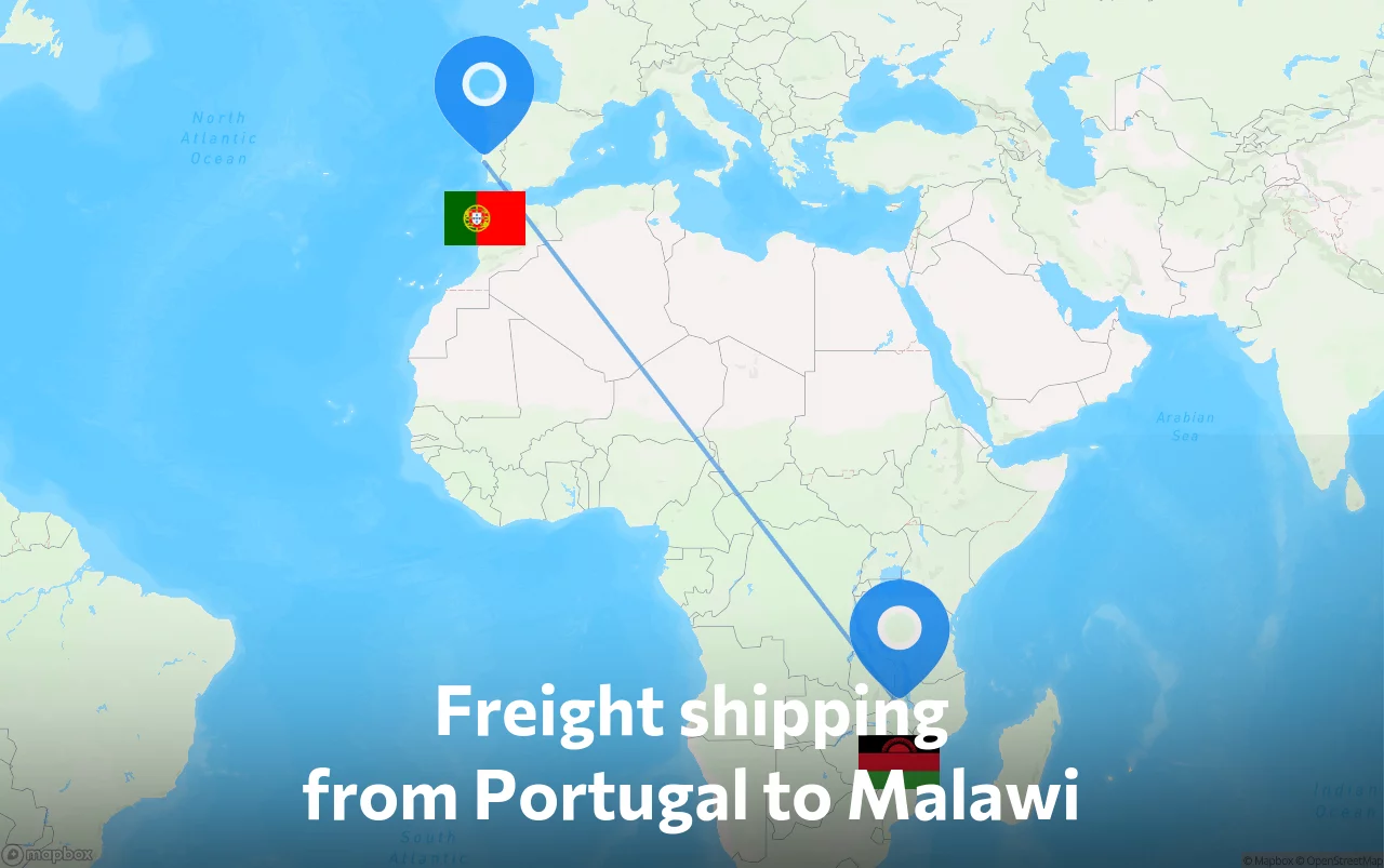 Shipping route from Portugal to Malawi