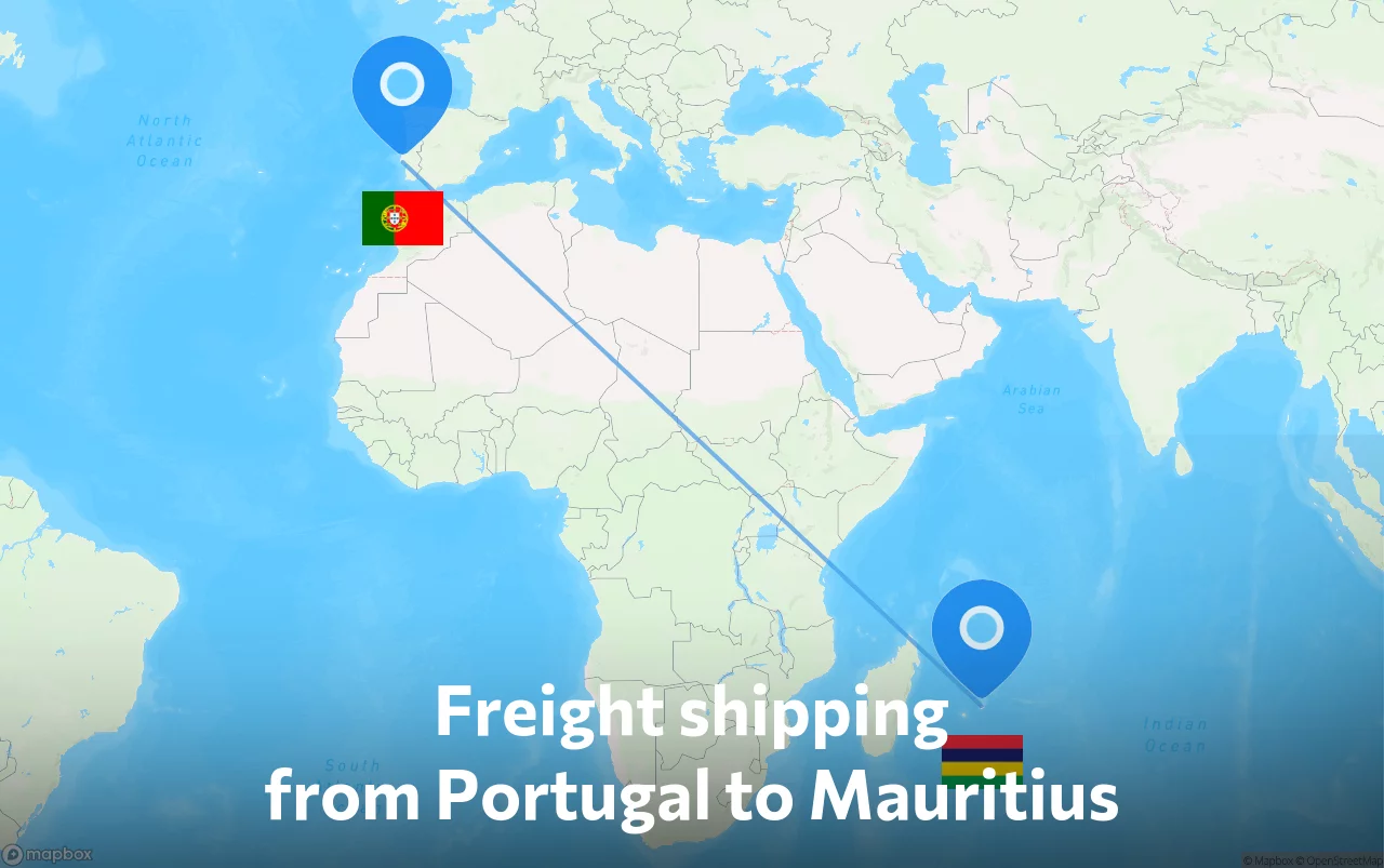 Shipping route from Portugal to Mauritius