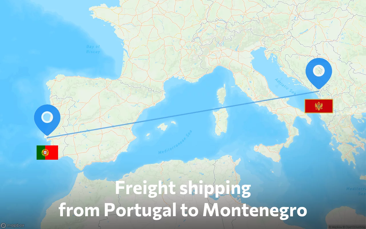 Shipping route from Portugal to Montenegro