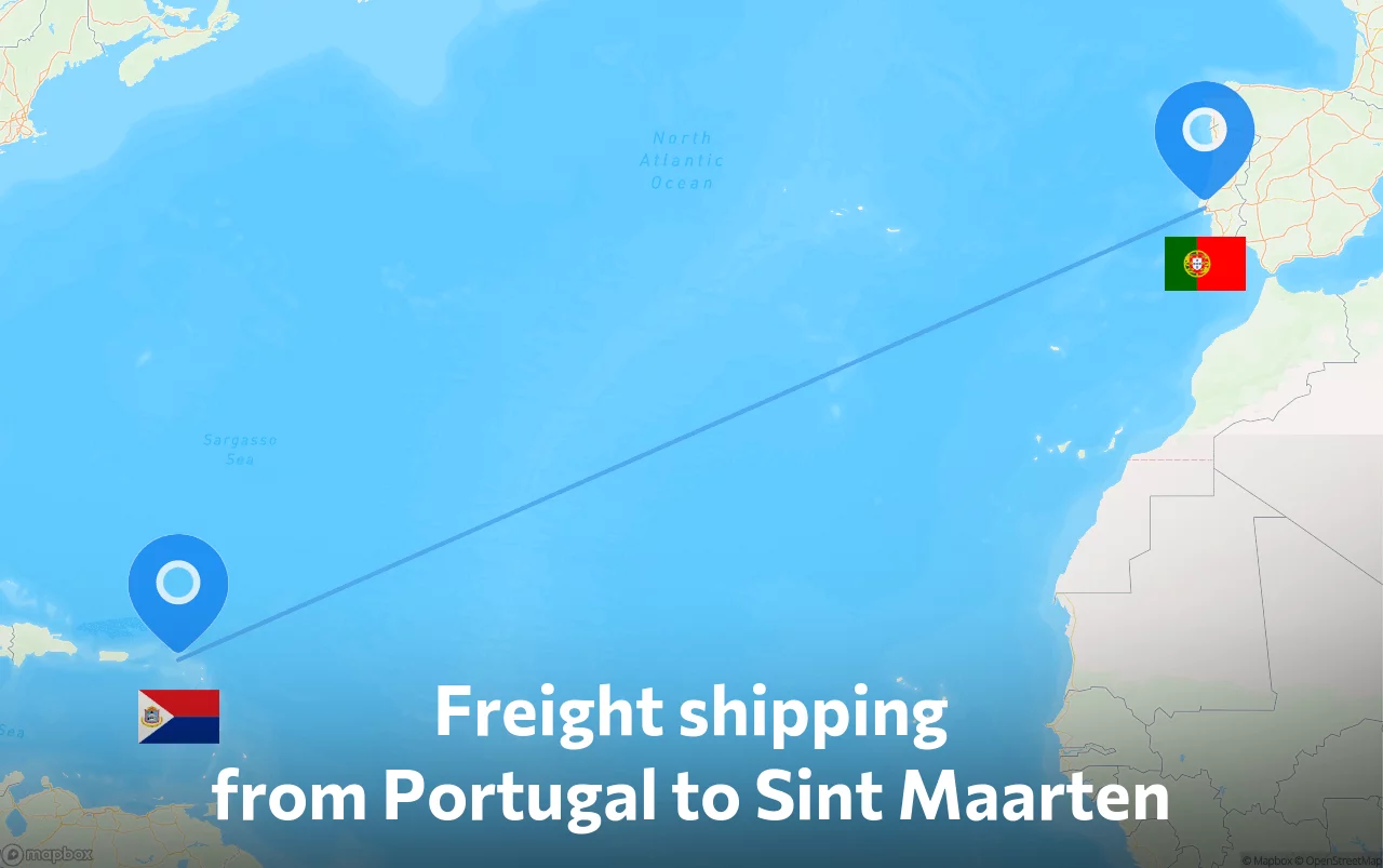 Shipping route from Portugal to Sint Maarten