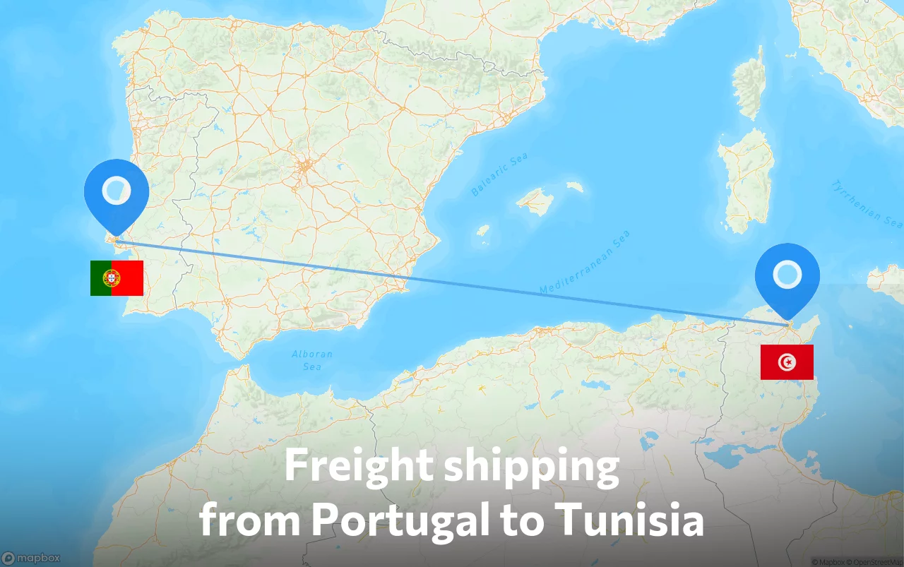 Shipping route from Portugal to Tunisia