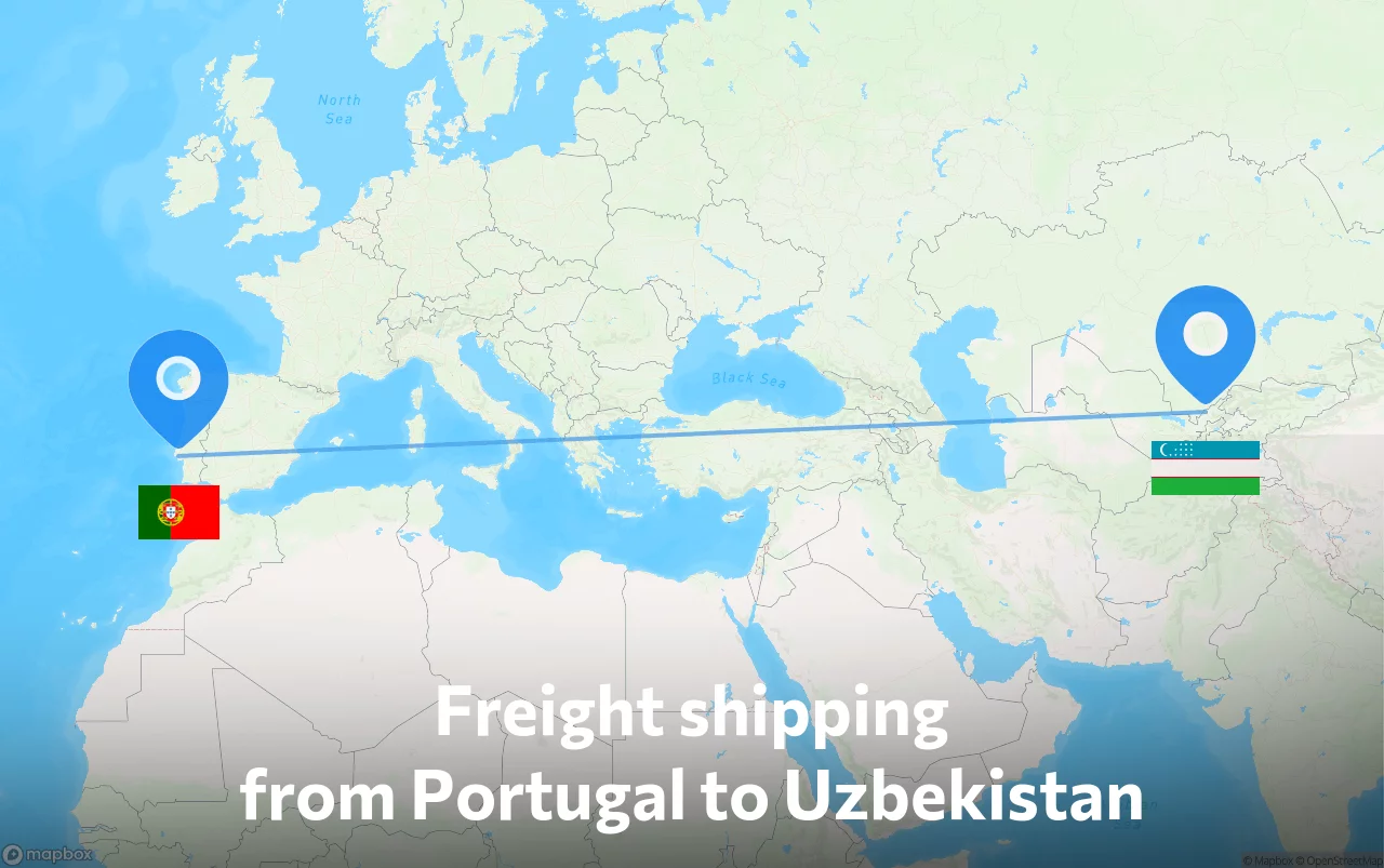 Shipping route from Portugal to Uzbekistan