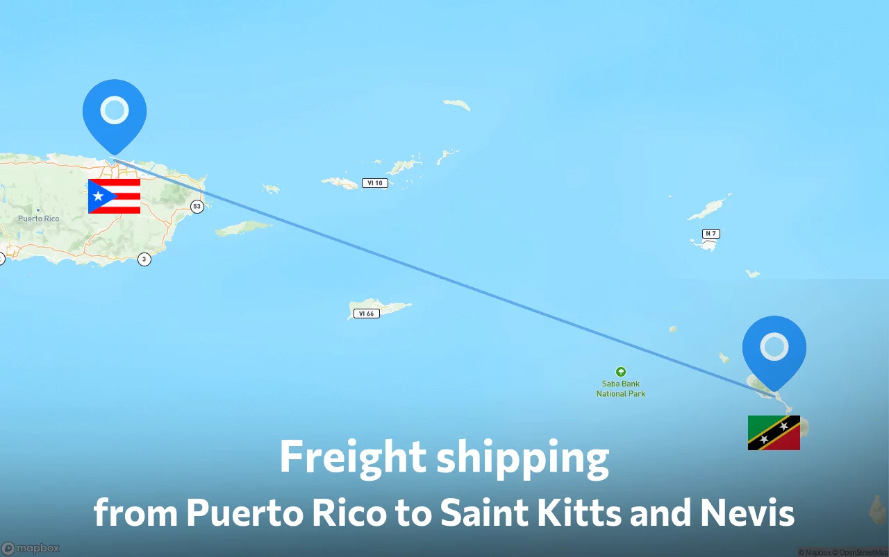 Shipping route from Puerto Rico to Saint Kitts and Nevis